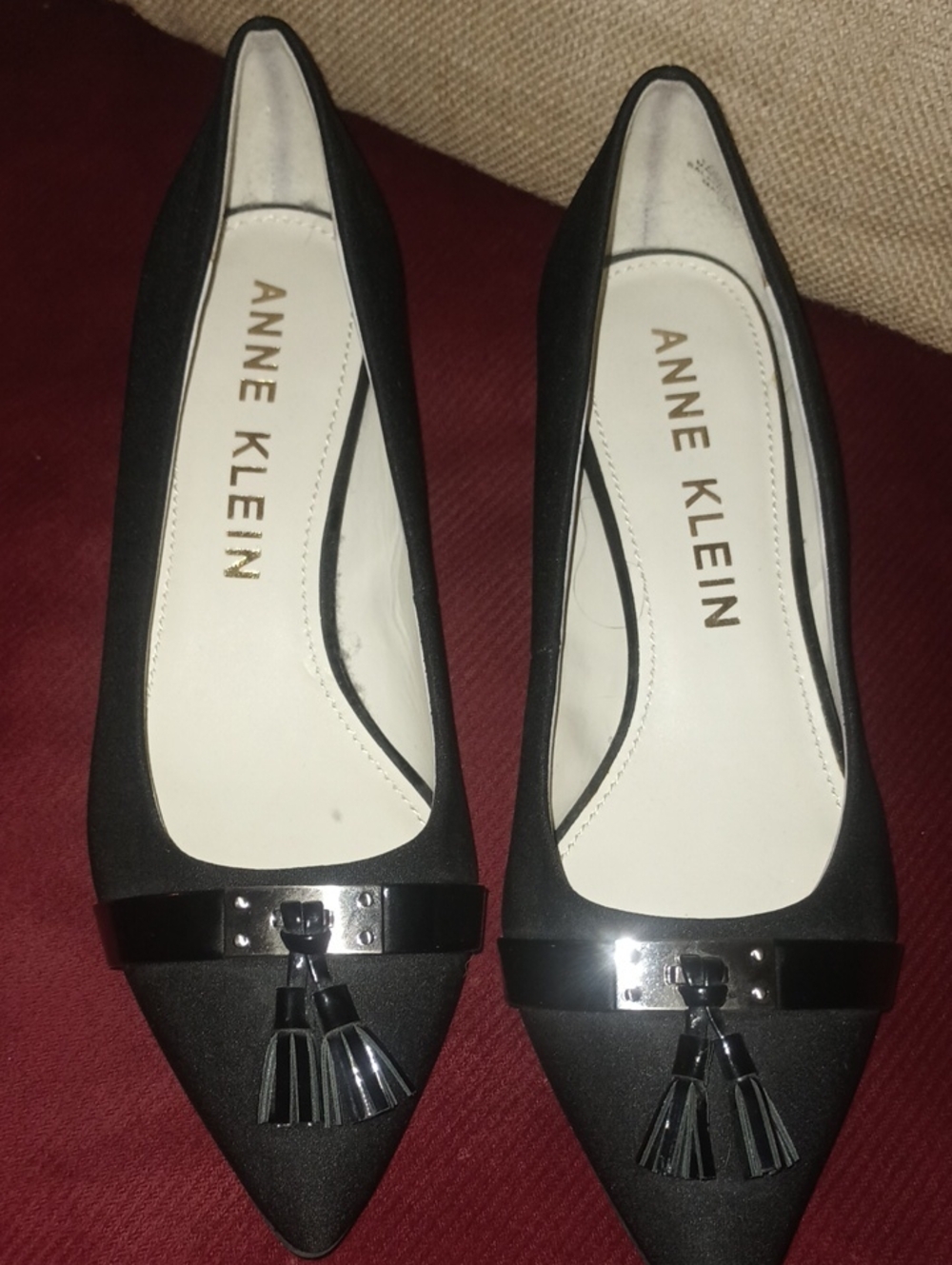 Anne Klein Black Pointed Tassel Kitten Heel with Glossy Accent